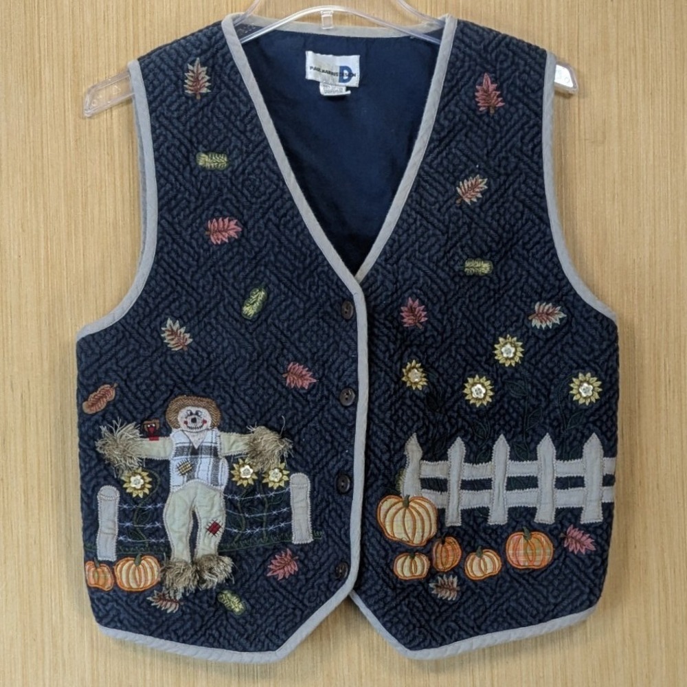 Paul Harris Vintage 90s Novelty Quilted Fall Scarecrow Pumpkin Vest Size L Navy